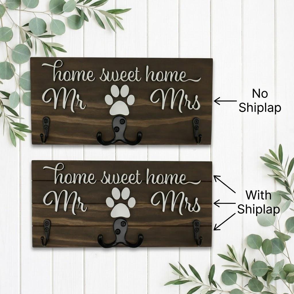 Home sweet home Mr and Mrs wood key and leash holder with white 3D lettering, paws over double hooks and black wall hooks