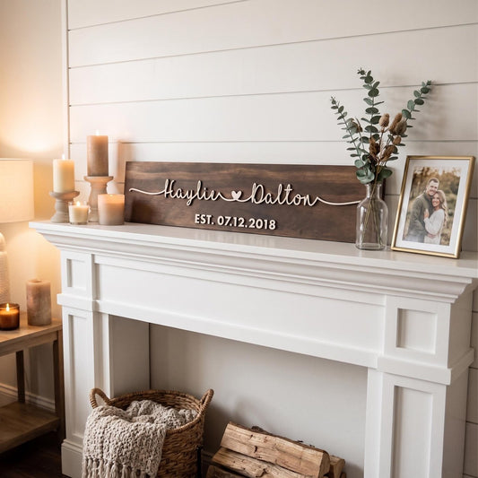 Couple name sign above a white mantel