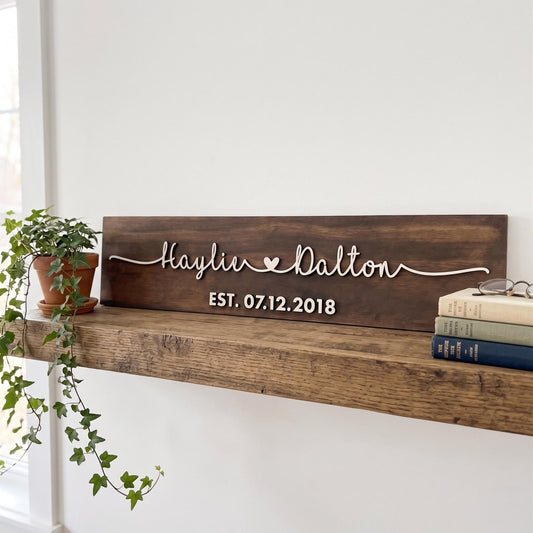 Personalized couple wood sign with a heart between two names and an established date below, Mocha stain