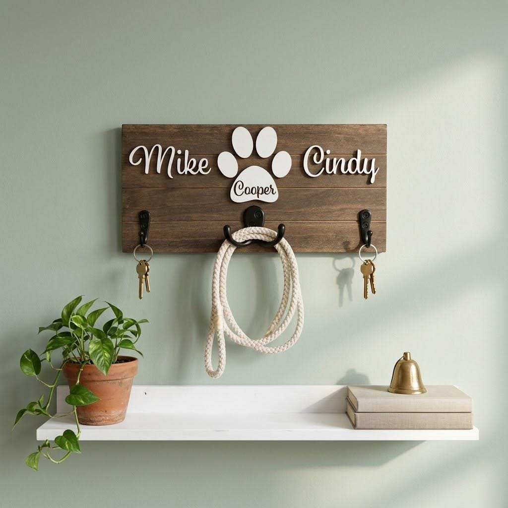 Personalized dog leash holder for wall with raised 3D names, engraved paw and black metal hooks on a stained pine board
