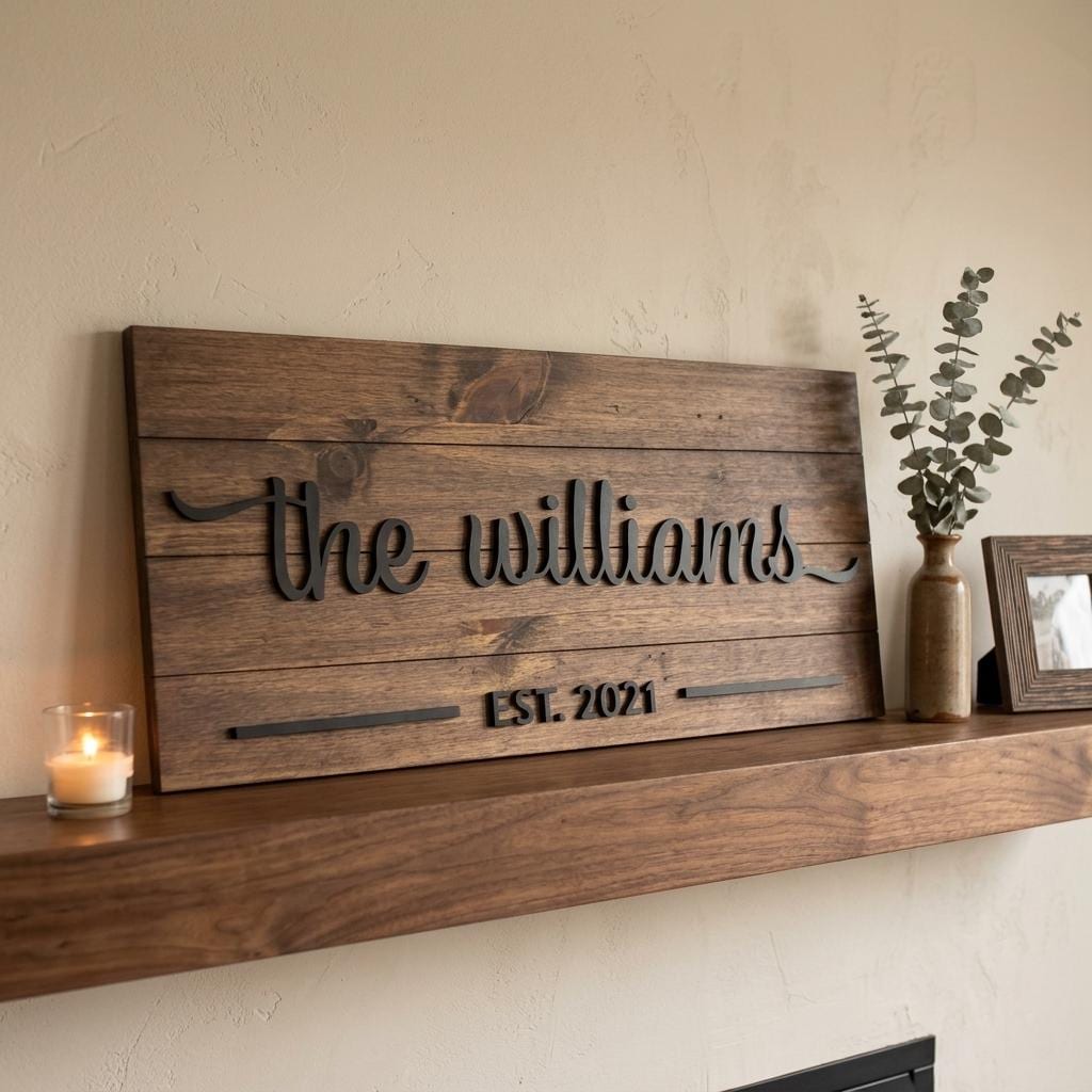 Personalized family name wood sign with 3D script last name, established date and flourishes on shiplap pine