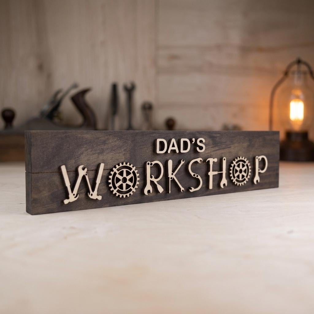 Dad's workshop wood sign with raised 3D tool lettering on a stained pine board, handmade gift for dad
