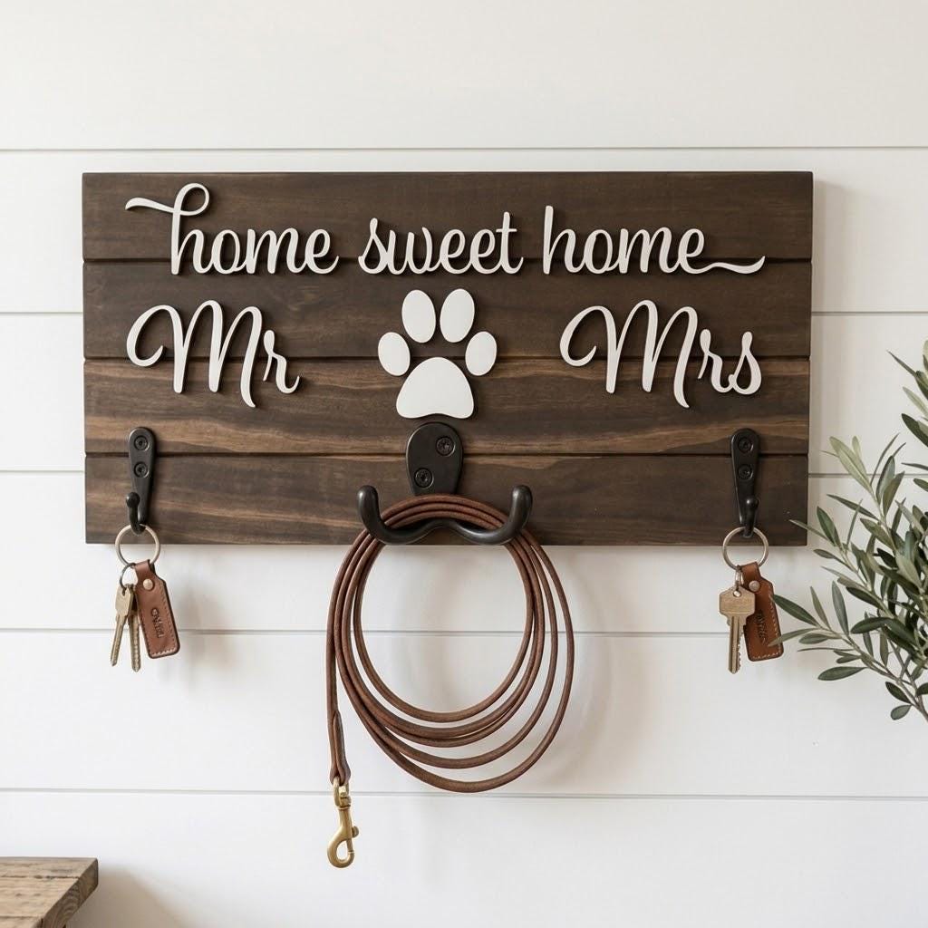 Home sweet home Mr and Mrs wood key and leash holder with white 3D lettering, paws over double hooks and black wall hooks