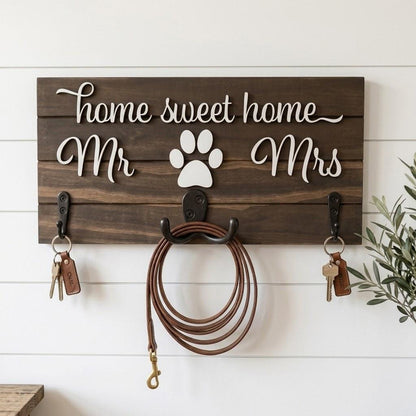Home sweet home Mr and Mrs wood key and leash holder with white 3D lettering, paws over double hooks and black wall hooks