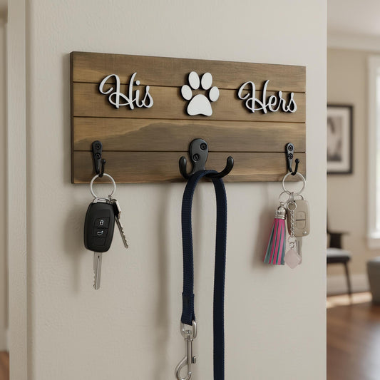 His and Hers wood key and leash holder with white 3D lettering and paw, shiplap board and black wall hooks