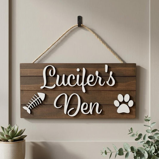 Personalized cat name wood sign with raised 3D lettering, paw print and fish bone, hung with natural jute twine