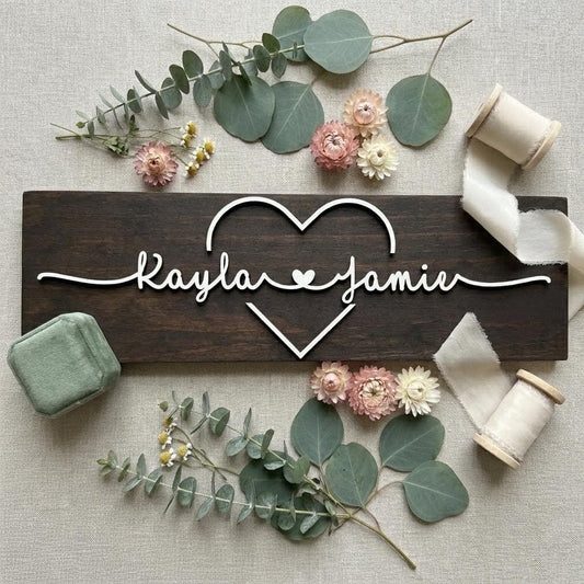 Personalized wooden couple sign with two names inside a heart in raised 3D lettering, Mocha stain