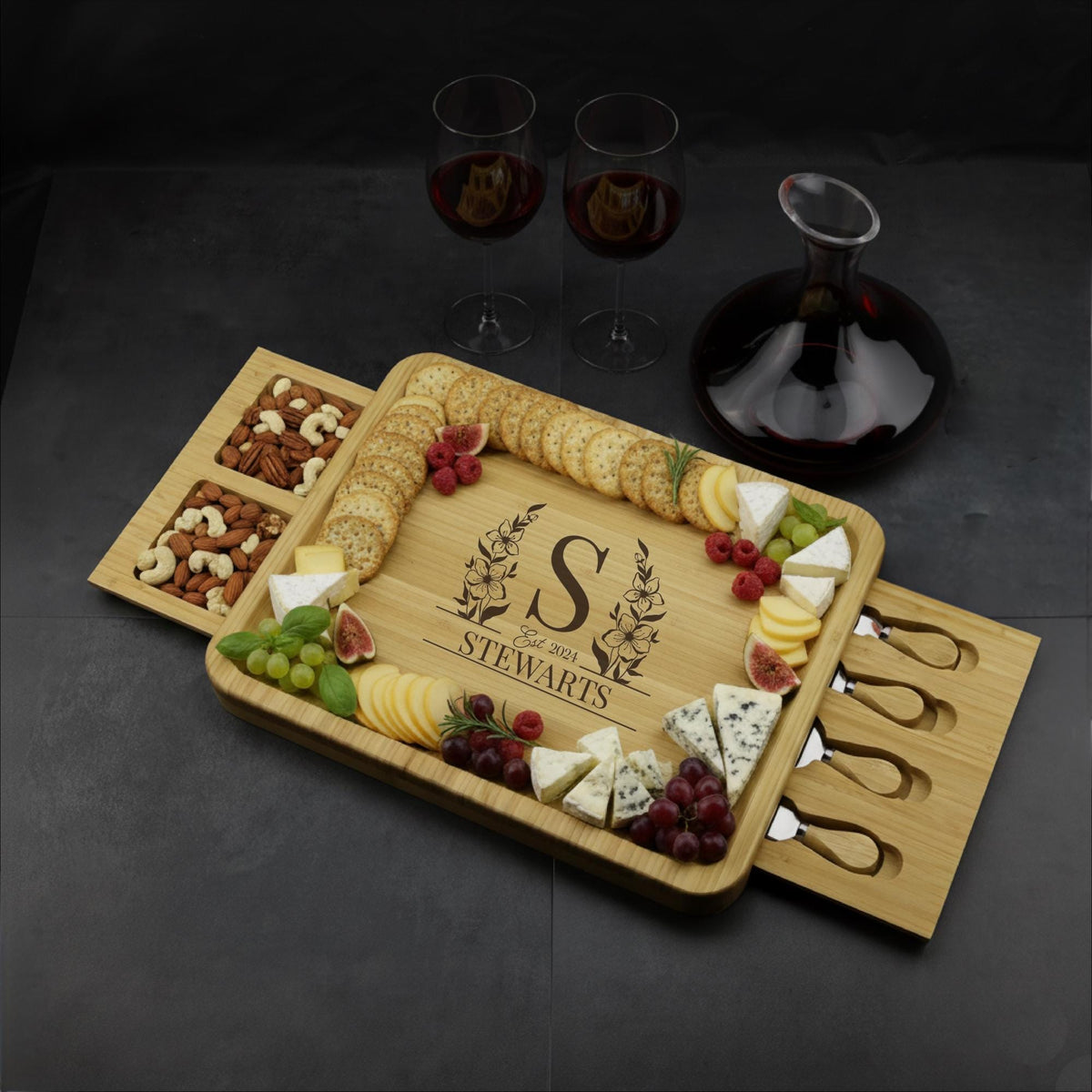 Personalized bamboo charcuterie board set with pull-out cutlery drawer, snack compartments and engraved design