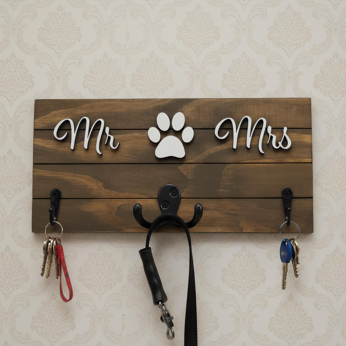 Mr and Mrs wood key and leash holder with white 3D lettering and paw, shiplap board and black wall hooks