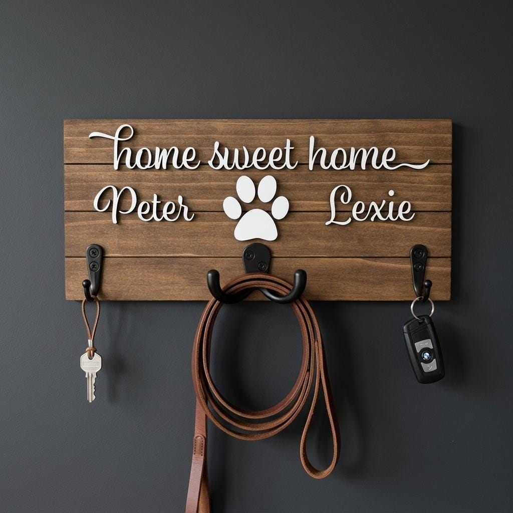 Home sweet home wood key and leash holder with 3D names around a raised white paw and black metal wall hooks