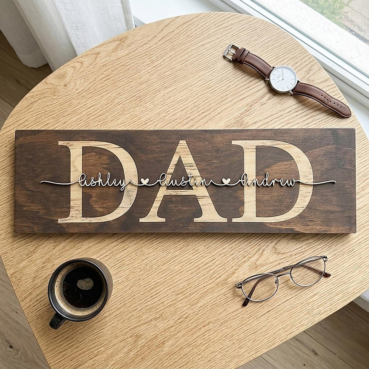 Personalized Walnut wood sign with engraved DAD and kids' names in raised natural 3D script with a thin black outline