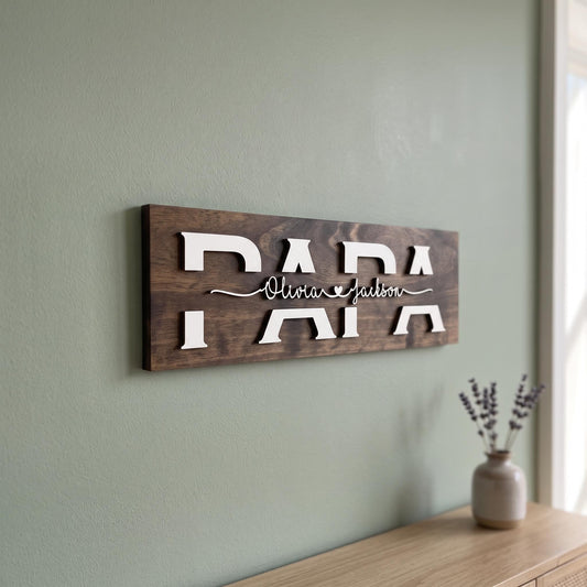 Personalized PAPA wood sign with kids' names in raised white 3D lettering on a Mocha-stained pine board