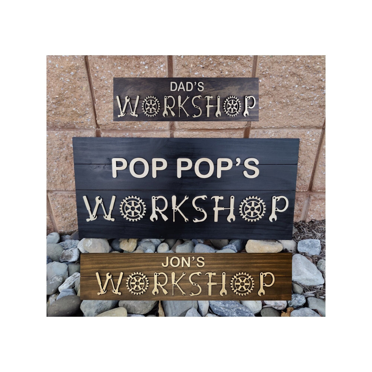 Personalized wood workshop sign with raised 3D lettering on a stained pine board for a garage or man cave – photo 2