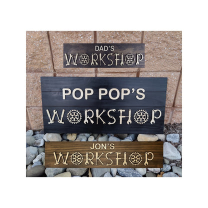 Personalized wood workshop sign with raised 3D lettering on a stained pine board for a garage or man cave – photo 2