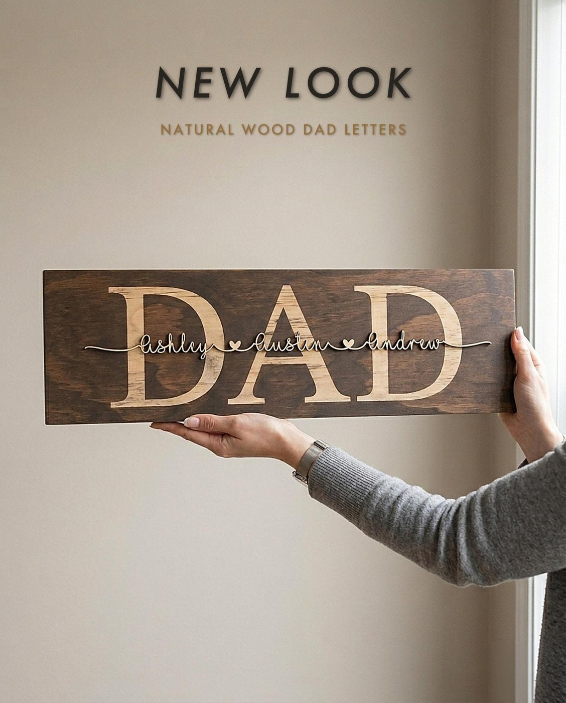 Personalized Walnut wood sign with engraved DAD and kids' names in raised natural 3D script with a thin black outline – photo 2