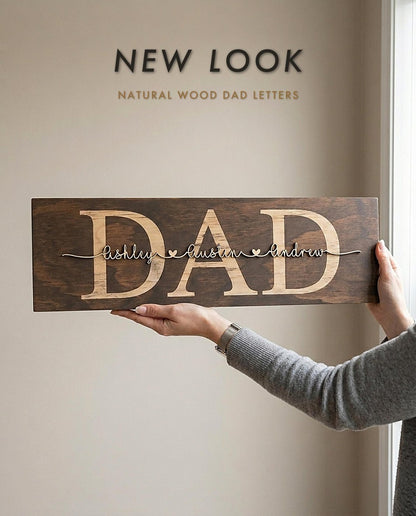 Personalized Walnut wood sign with engraved DAD and kids' names in raised natural 3D script with a thin black outline – photo 2