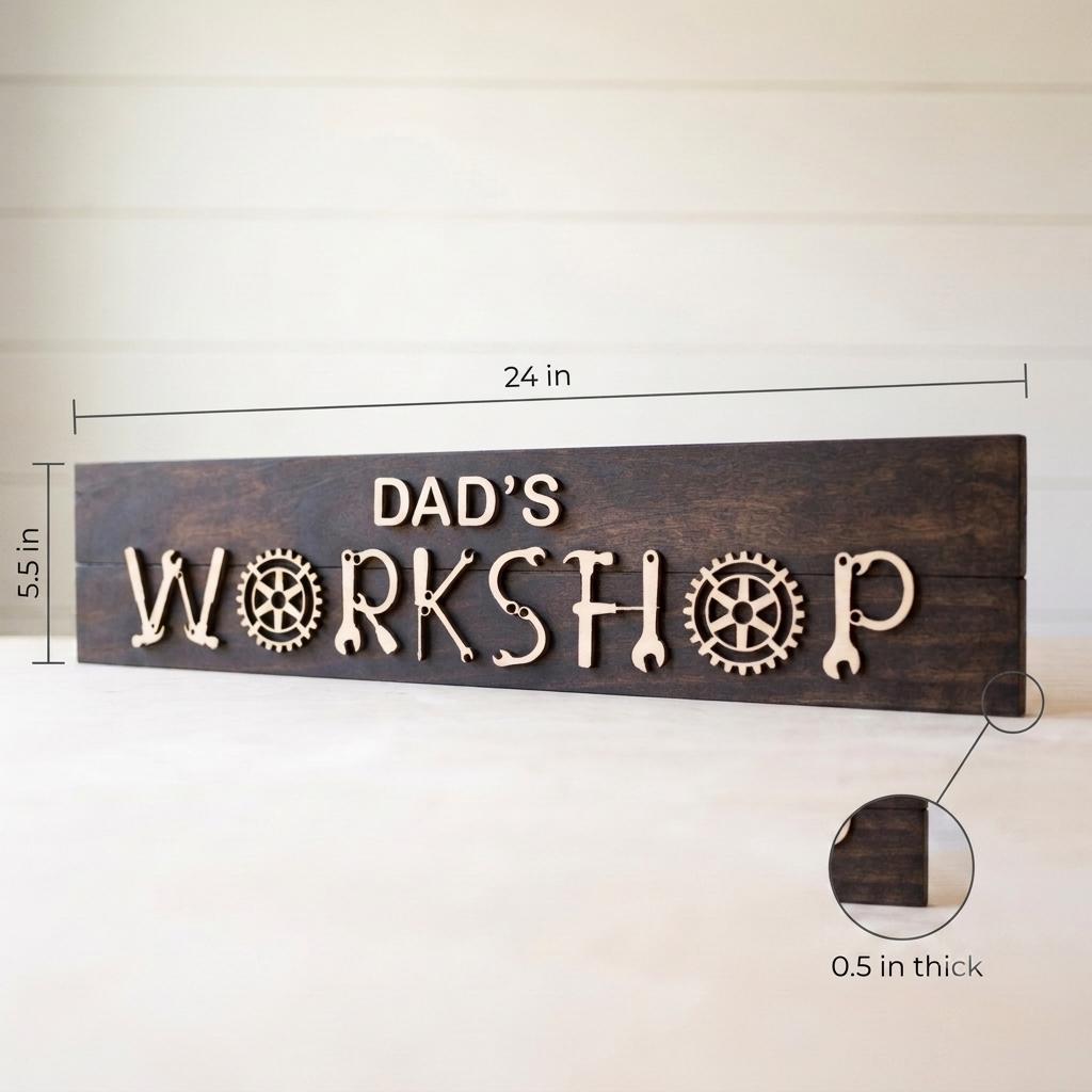 Dad's workshop wood sign with raised 3D tool lettering on a stained pine board, handmade gift for dad