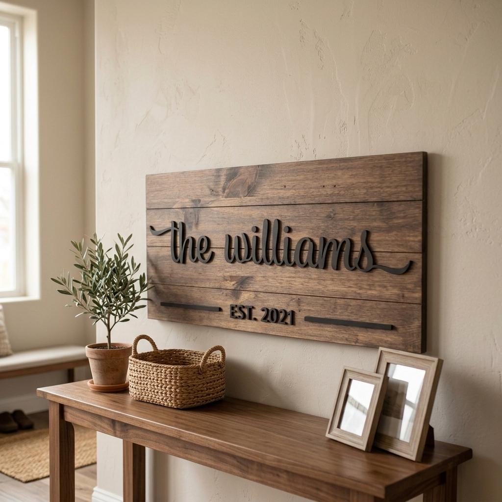 Personalized family name wood sign with 3D script last name, established date and flourishes on shiplap pine