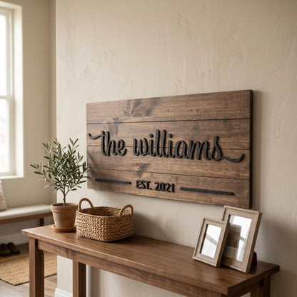 Personalized family name wood sign with 3D script last name, established date and flourishes on shiplap pine