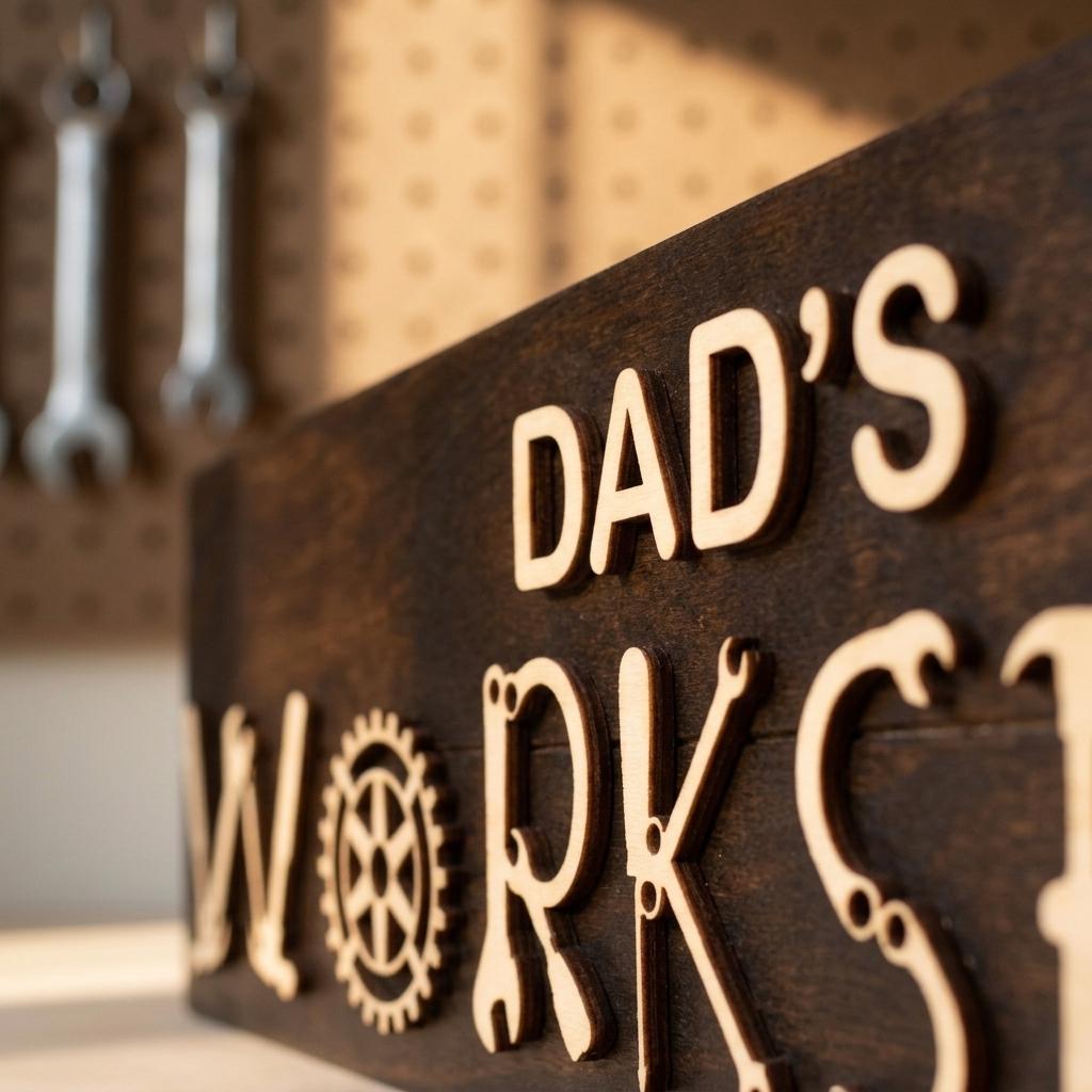 Dad's workshop wood sign with raised 3D tool lettering on a stained pine board, handmade gift for dad