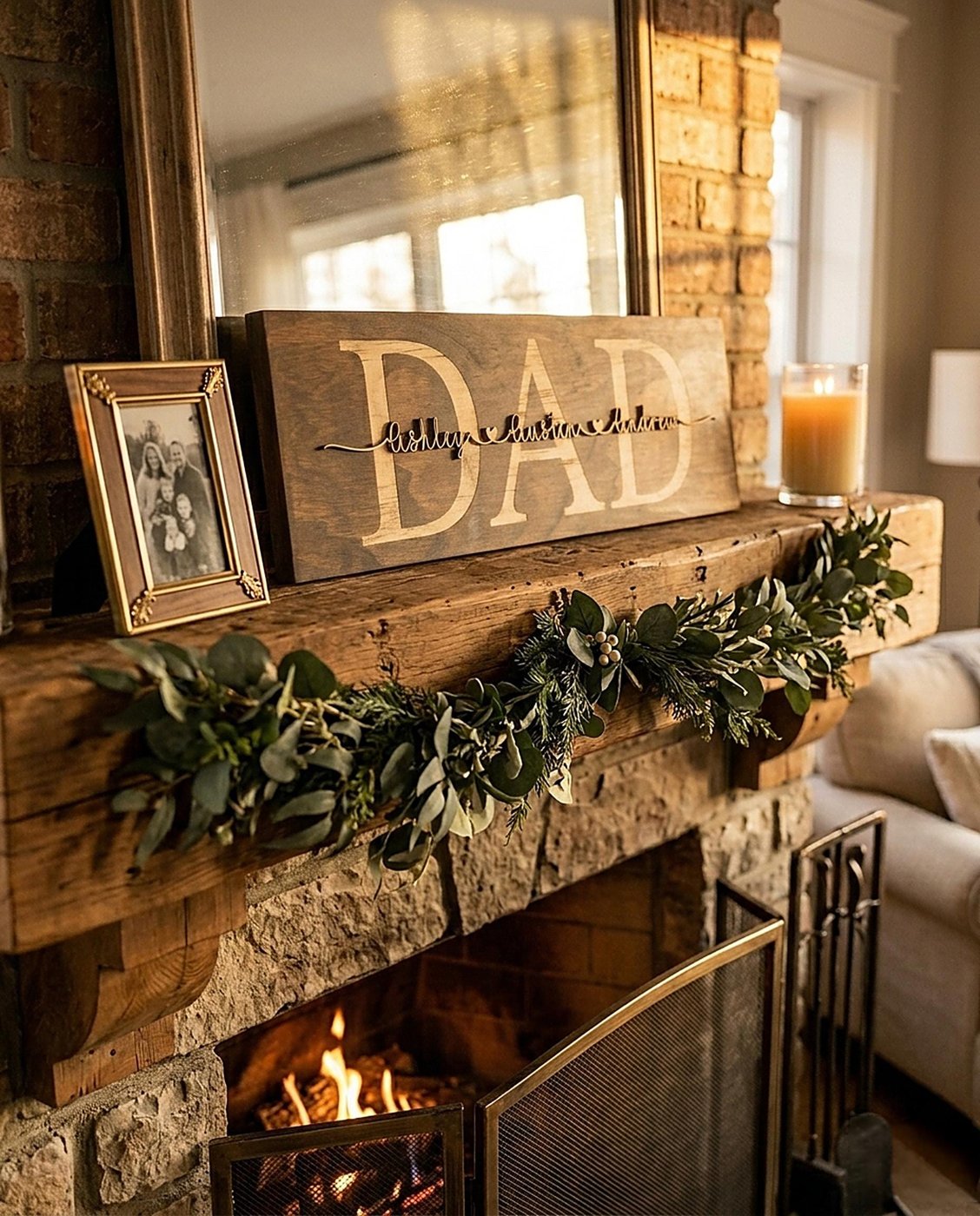 Personalized Walnut wood sign with engraved DAD and kids' names in raised natural 3D script with a thin black outline – photo 3