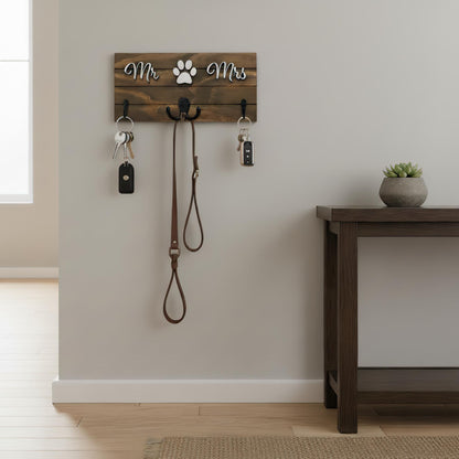 Mr and Mrs wood key and leash holder with white 3D lettering and paw, shiplap board and black wall hooks
