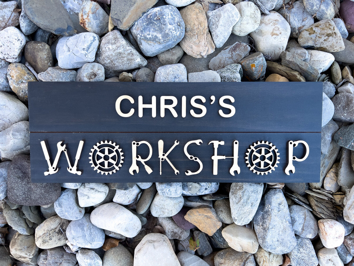 Personalized wood workshop sign with raised 3D lettering on a stained pine board for a garage or man cave – photo 3