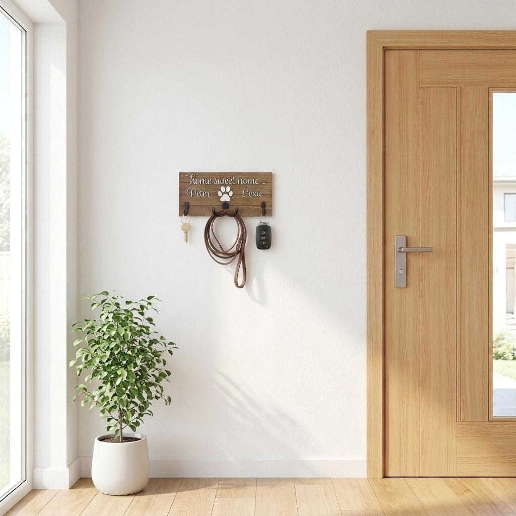 Home sweet home wood key and leash holder with 3D names around a raised white paw and black metal wall hooks