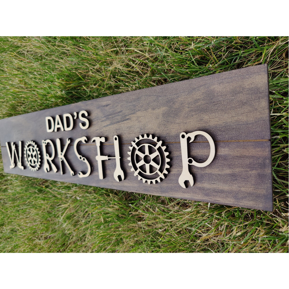 Personalized wood workshop sign with raised 3D lettering on a stained pine board for a garage or man cave – photo 4