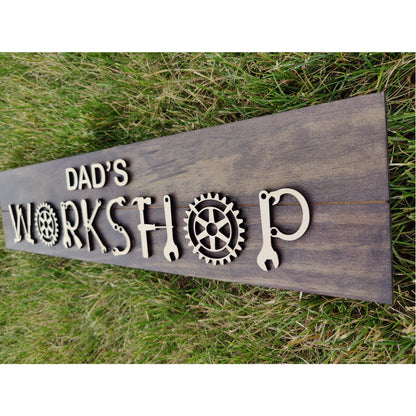 Personalized wood workshop sign with raised 3D lettering on a stained pine board for a garage or man cave – photo 4