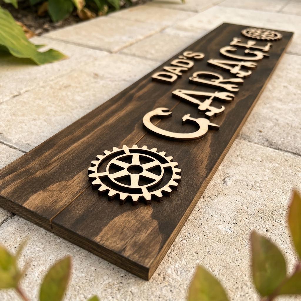 Dad's workshop wood sign with raised 3D tool lettering on a stained pine board, handmade gift for dad