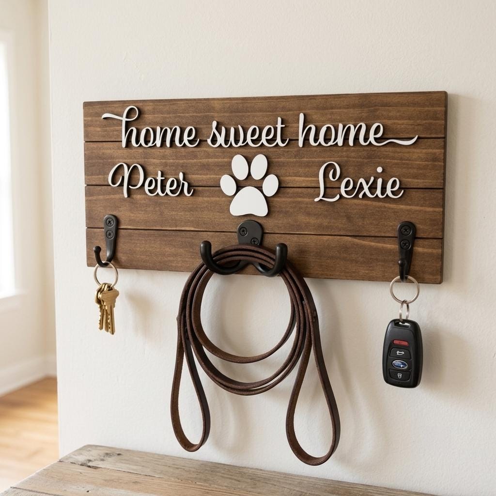 Home sweet home wood key and leash holder with 3D names around a raised white paw and black metal wall hooks