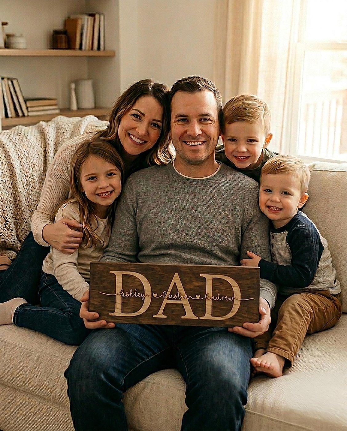 Personalized Walnut wood sign with engraved DAD and kids' names in raised natural 3D script with a thin black outline – photo 4
