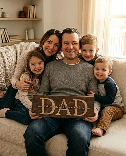 Personalized Walnut wood sign with engraved DAD and kids' names in raised natural 3D script with a thin black outline – photo 4