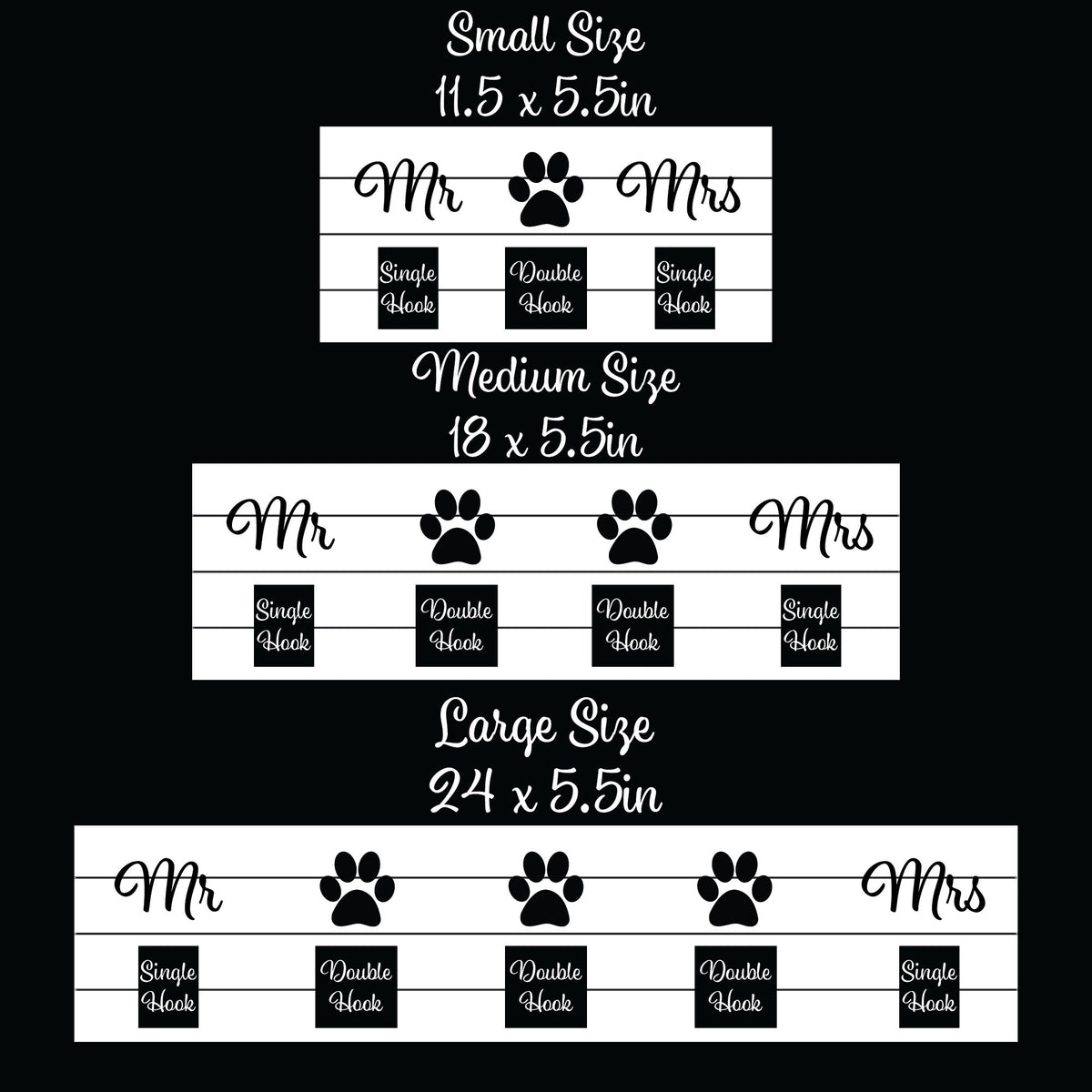 Mr and Mrs wood key and leash holder with white 3D lettering and paw, shiplap board and black wall hooks