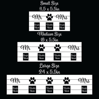 Mr and Mrs wood key and leash holder with white 3D lettering and paw, shiplap board and black wall hooks