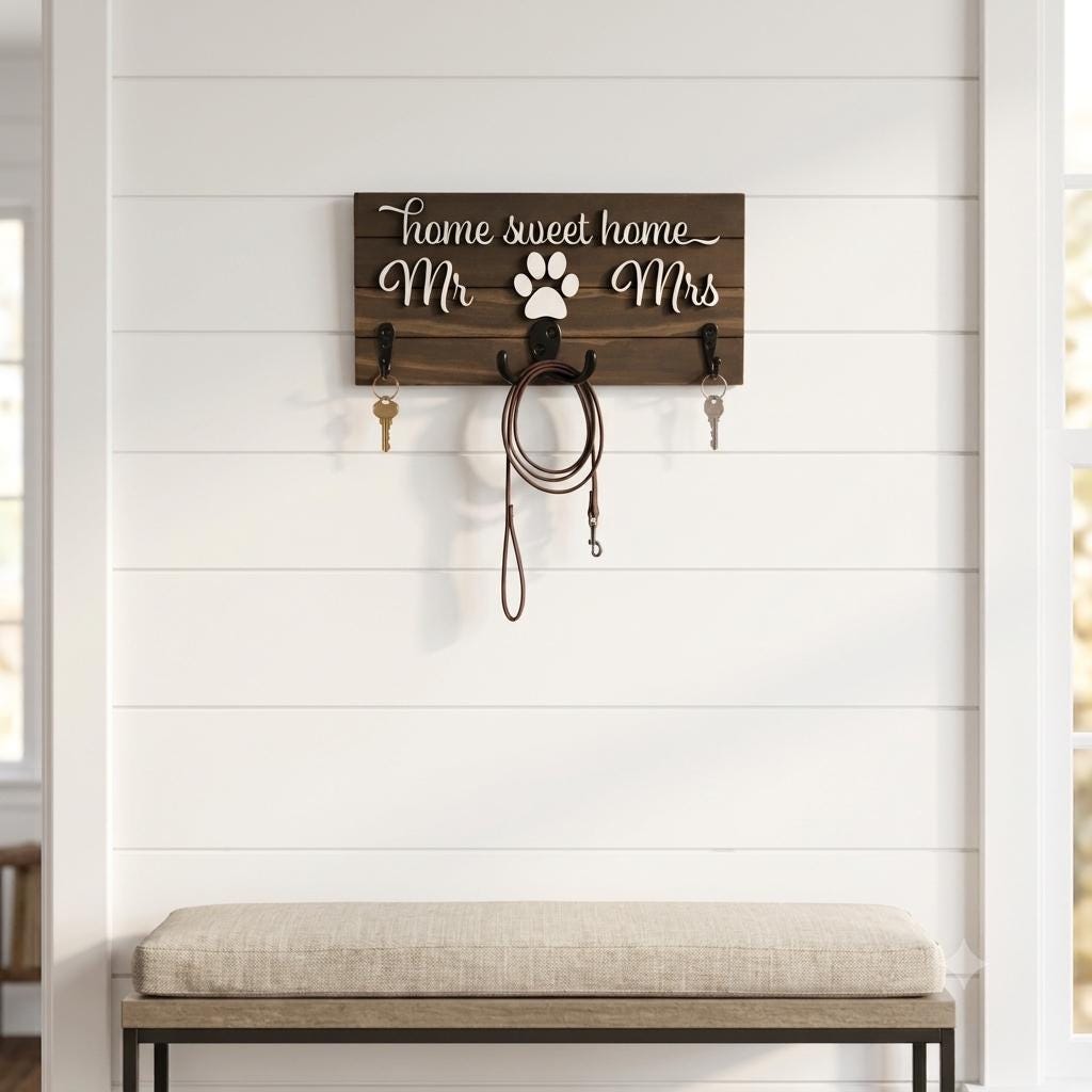 Home sweet home Mr and Mrs wood key and leash holder with white 3D lettering, paws over double hooks and black wall hooks