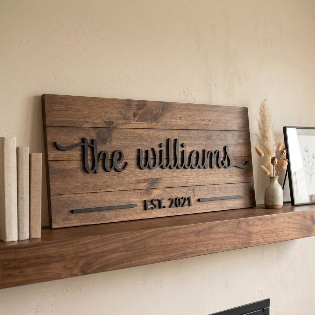 Personalized family name wood sign with 3D script last name, established date and flourishes on shiplap pine