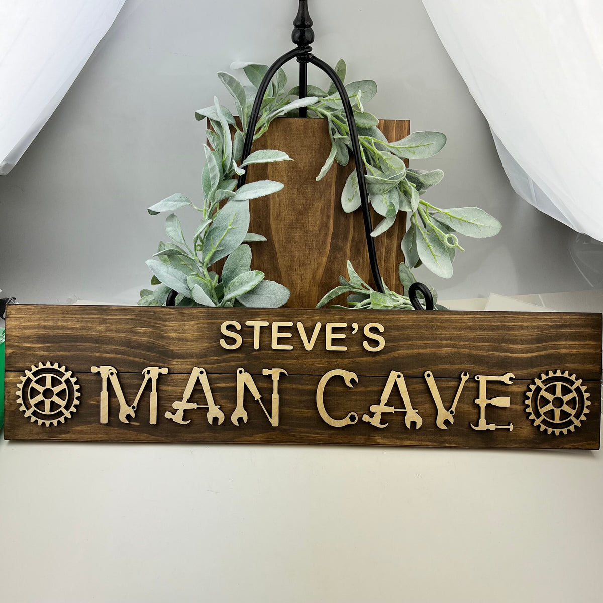 Personalized wood workshop sign with raised 3D lettering on a stained pine board for a garage or man cave – photo 5