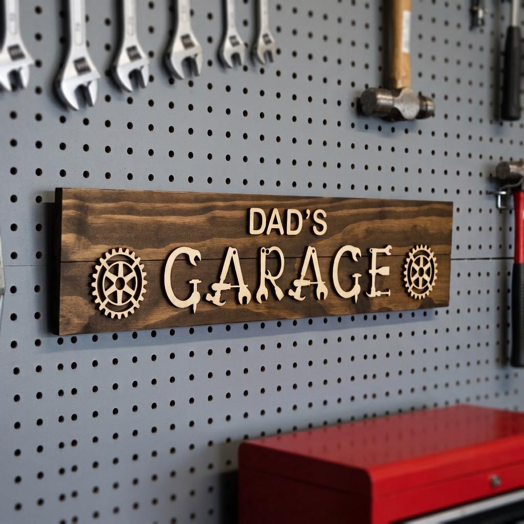 Dad's workshop wood sign with raised 3D tool lettering on a stained pine board, handmade gift for dad