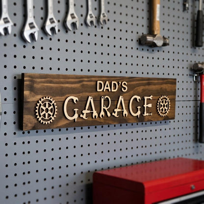 Dad's workshop wood sign with raised 3D tool lettering on a stained pine board, handmade gift for dad