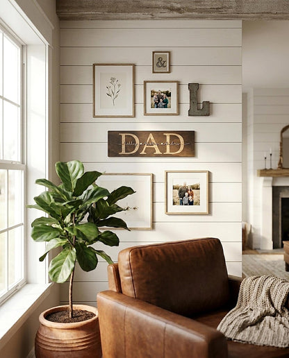 Personalized Walnut wood sign with engraved DAD and kids' names in raised natural 3D script with a thin black outline – photo 5