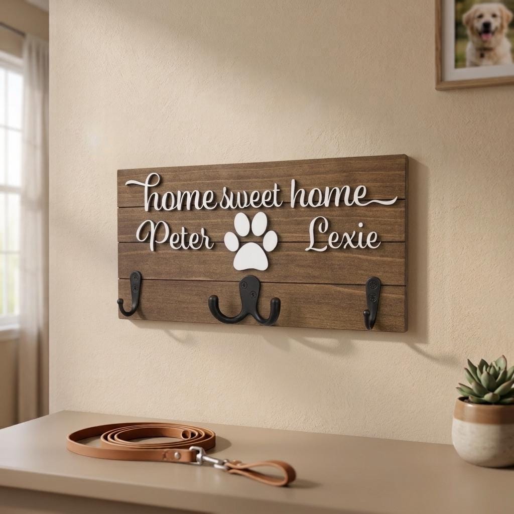 Home sweet home wood key and leash holder with 3D names around a raised white paw and black metal wall hooks