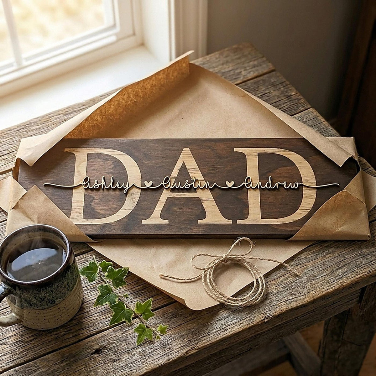 Personalized Walnut wood sign with engraved DAD and kids' names in raised natural 3D script with a thin black outline – photo 6
