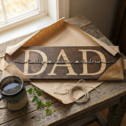 Personalized Walnut wood sign with engraved DAD and kids' names in raised natural 3D script with a thin black outline – photo 6