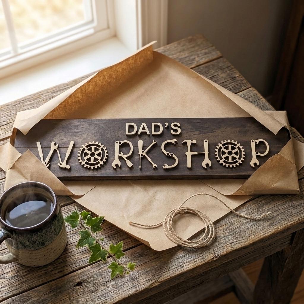 Dad's workshop wood sign with raised 3D tool lettering on a stained pine board, handmade gift for dad