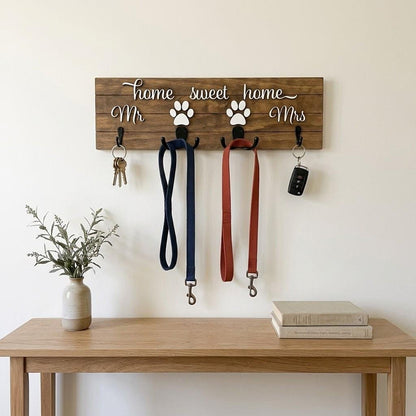 Home sweet home Mr and Mrs wood key and leash holder with white 3D lettering, paws over double hooks and black wall hooks