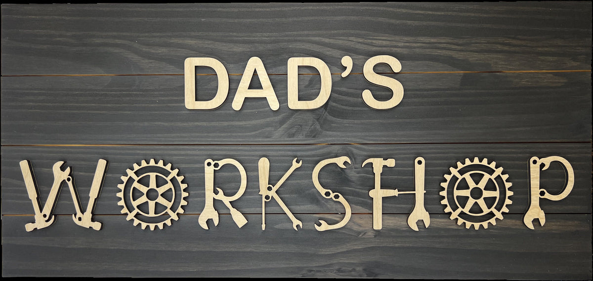 Personalized wood workshop sign with raised 3D lettering on a stained pine board for a garage or man cave – photo 6