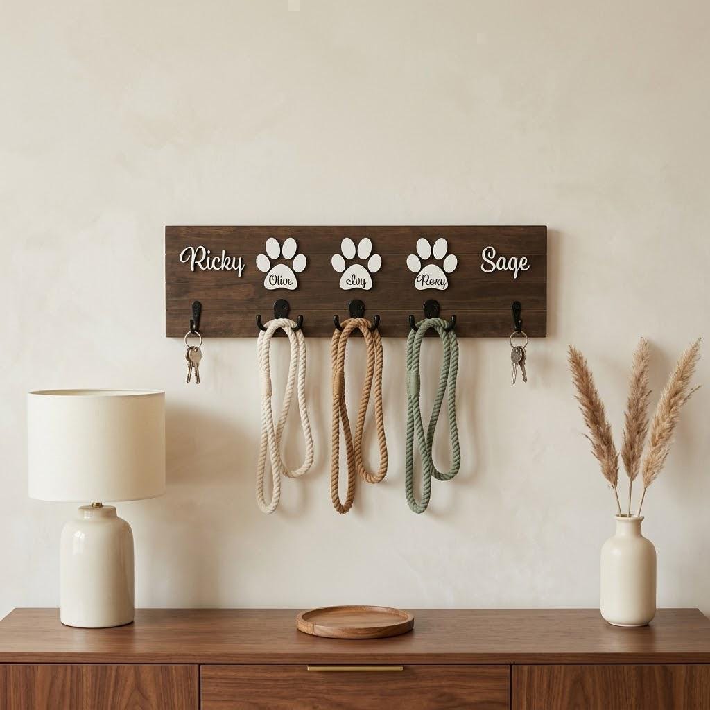Personalized dog leash holder for wall with raised 3D names, engraved paw and black metal hooks on a stained pine board