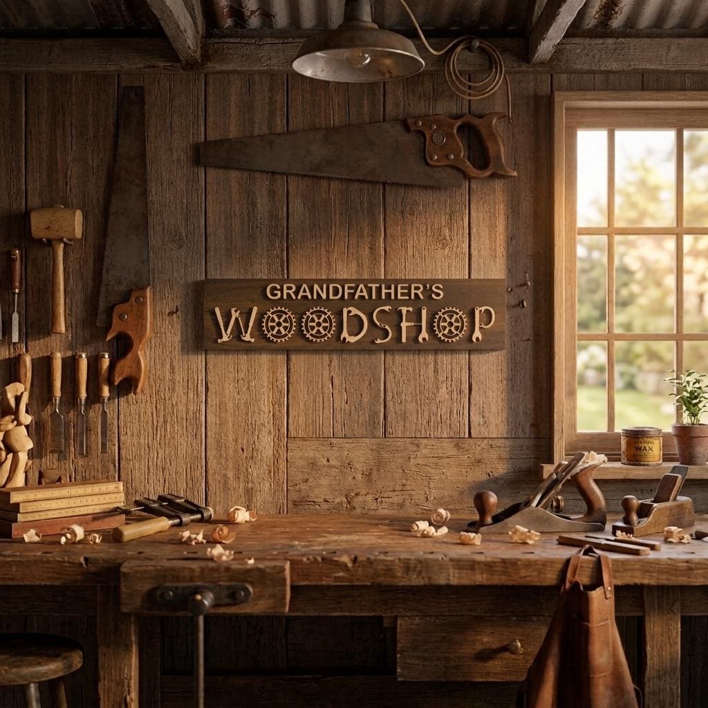 Dad's workshop wood sign with raised 3D tool lettering on a stained pine board, handmade gift for dad